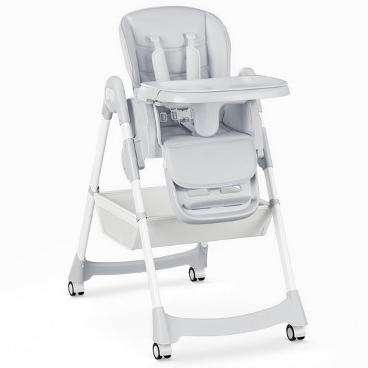 Meetaglow Baby High Chair, Foldable Convertible High Chair for Babies & Toddlers, Adjustable Height & Recline with Removable Double Tray, PU Cushion, Storage Basket, Easy to Clean, Gray