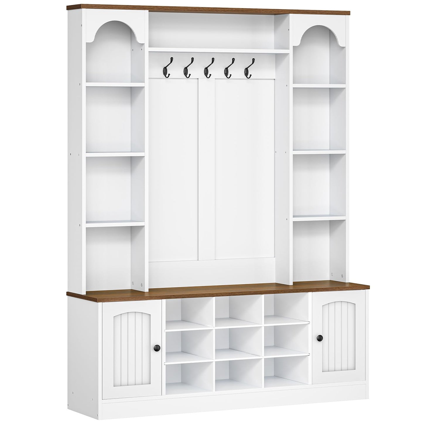 HOOBRO Hall Tree with Bench and Shoe Storage, 51" Entryway Bench with Coat Rack, Farmhouse Entryway Organizer with 5 Hooks, 8 Open Compartments, 9 Shoe Cubbies, for Hallway, White and Walnut WH180MT01