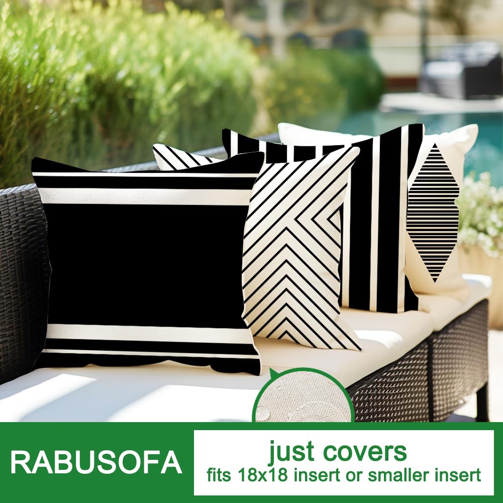 RABUSOFA Outdoor Pillows Waterproof,18x18 inch Black and White Throw Pillows Boho Set of 4 for Patio Furniture,Sunbrella Outdoor Pillow Covers for Couch(2W-18) (no Insert)