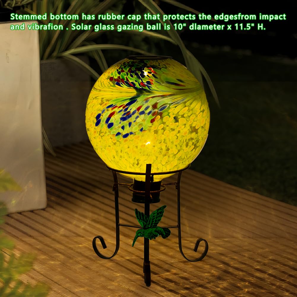 YELENEW 10" Diameter Solar Gazing Ball and 8.5" Metal Stand Indoor Outdoor Glass Globe Sphere Yard Art Ornament Solar Gazing Balls for Garden,Lawn,Porch,Patio Gardening Gift for Women(Yellow)