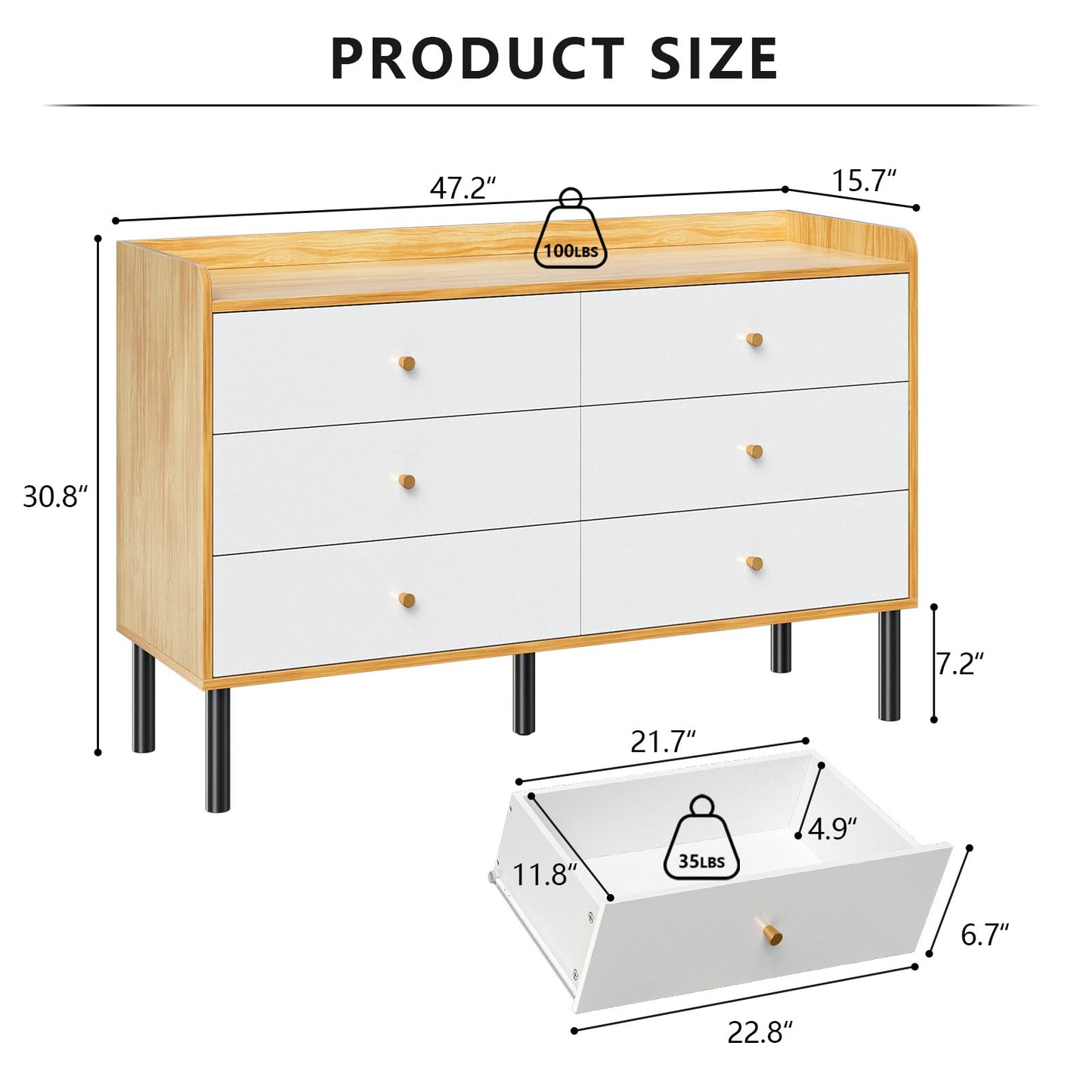 LYNSOM Dresser for Bedroom, 6 Drawer Natural Wood Dresser with Wide Drawer and Metal Handles, Modern Dressers & Chests of Drawers for Hallway Entryway