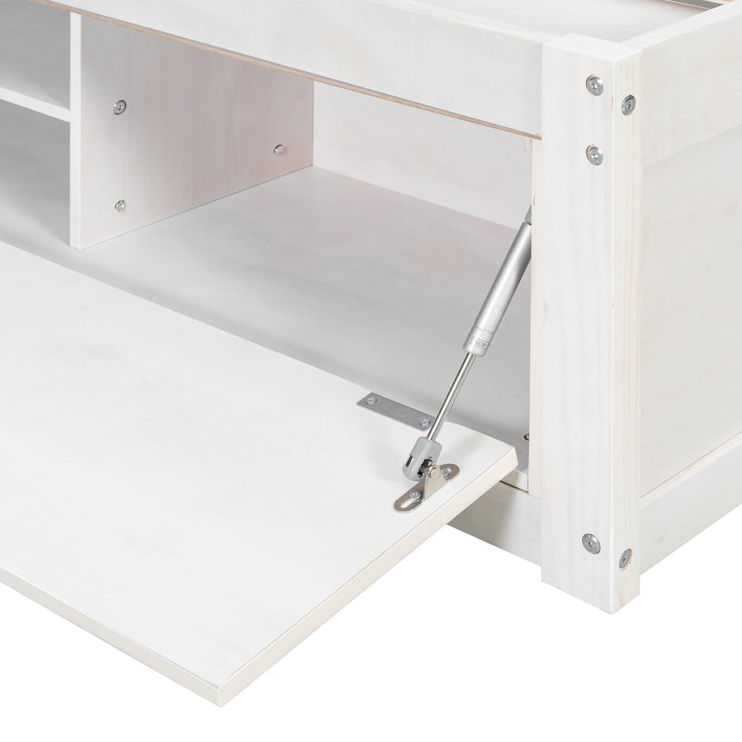 Merax Platform Bed Frame with 4 Storage Drawers and Hydraulic Lift Footboard Storage, No Headboard, Modern Space-Saving Design- Queen Size, Antique White
