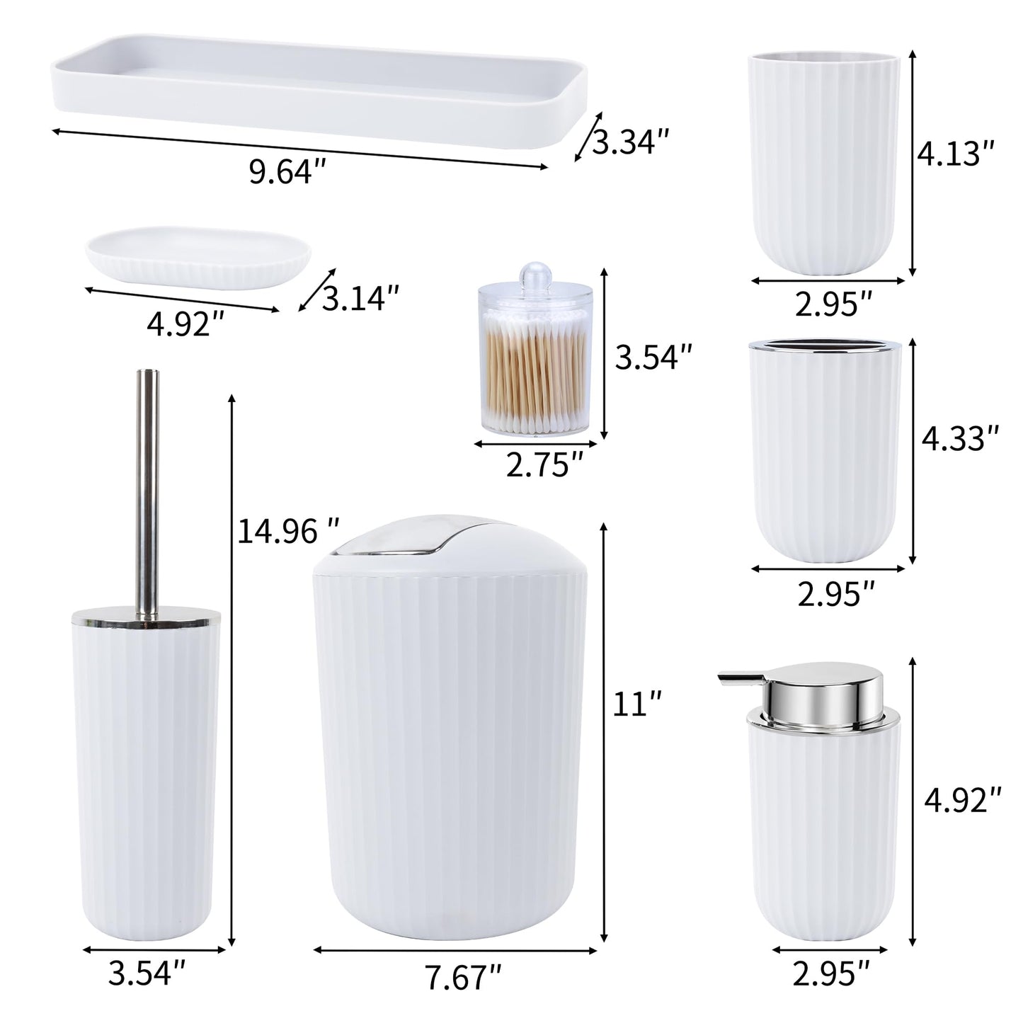 FEILANDUO Bathroom Accessories Sets Complete, 8 Pcs Bathroom Accessory Set with Trash Can, Soap Dispenser, Soap Dish, Toothbrush Holder,Toothbrush Cup,Toilet Brush and Qtip Holders,Vanity Tray (White)