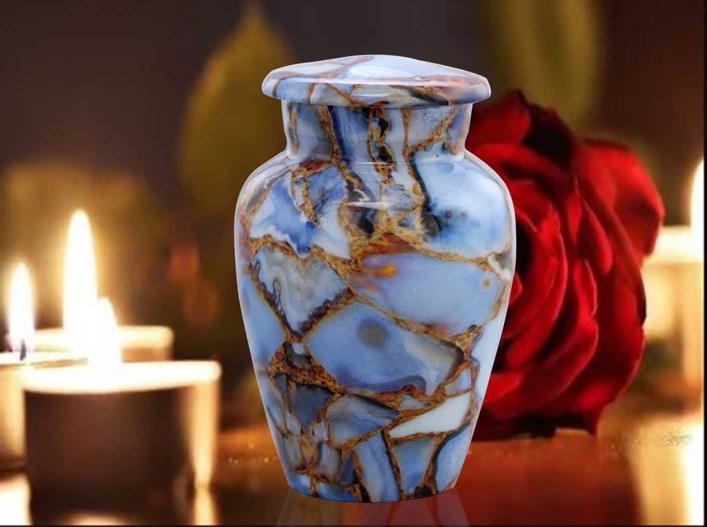 Small Keepsake Cremation Urns for Human Ashes - Marble Finish Metal Keepsake Urn - Mini Cremation Urn for Pet Ashes - Handcrafted Memorial Urn - Funeral Urns with Velvet Bag (Luxury Blue)