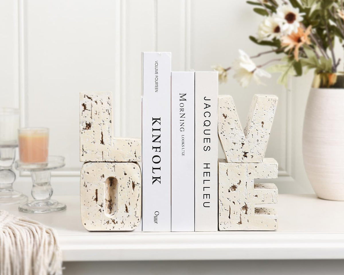 Book Ends Decorative with Love Design,Small Farmhouse Heavy Duty Bookends