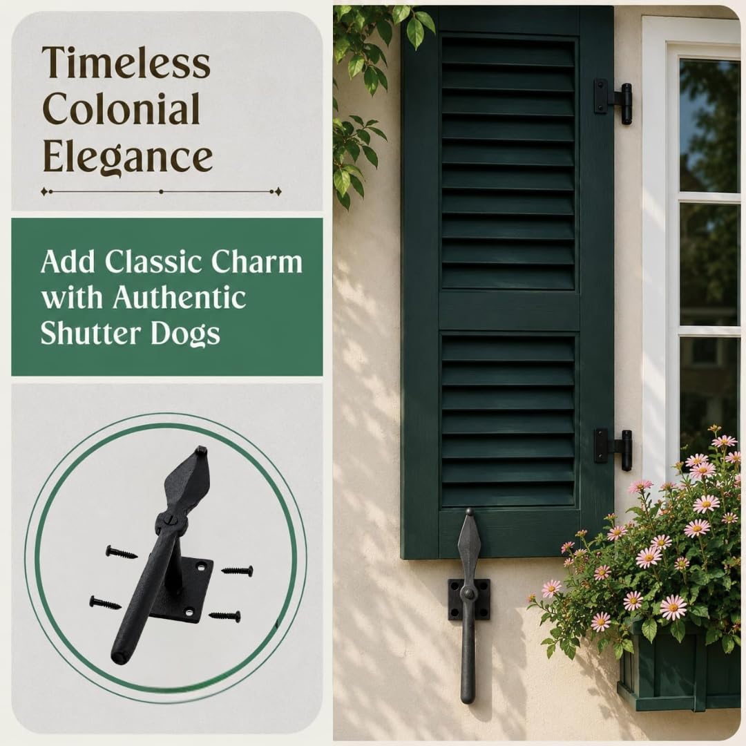 Renovators Supply Manufacturing Shutter Dogs 7 in. Black Spoon Shaped Wrought Iron Shutter Dogs with Mounting Hardware Pack of 6