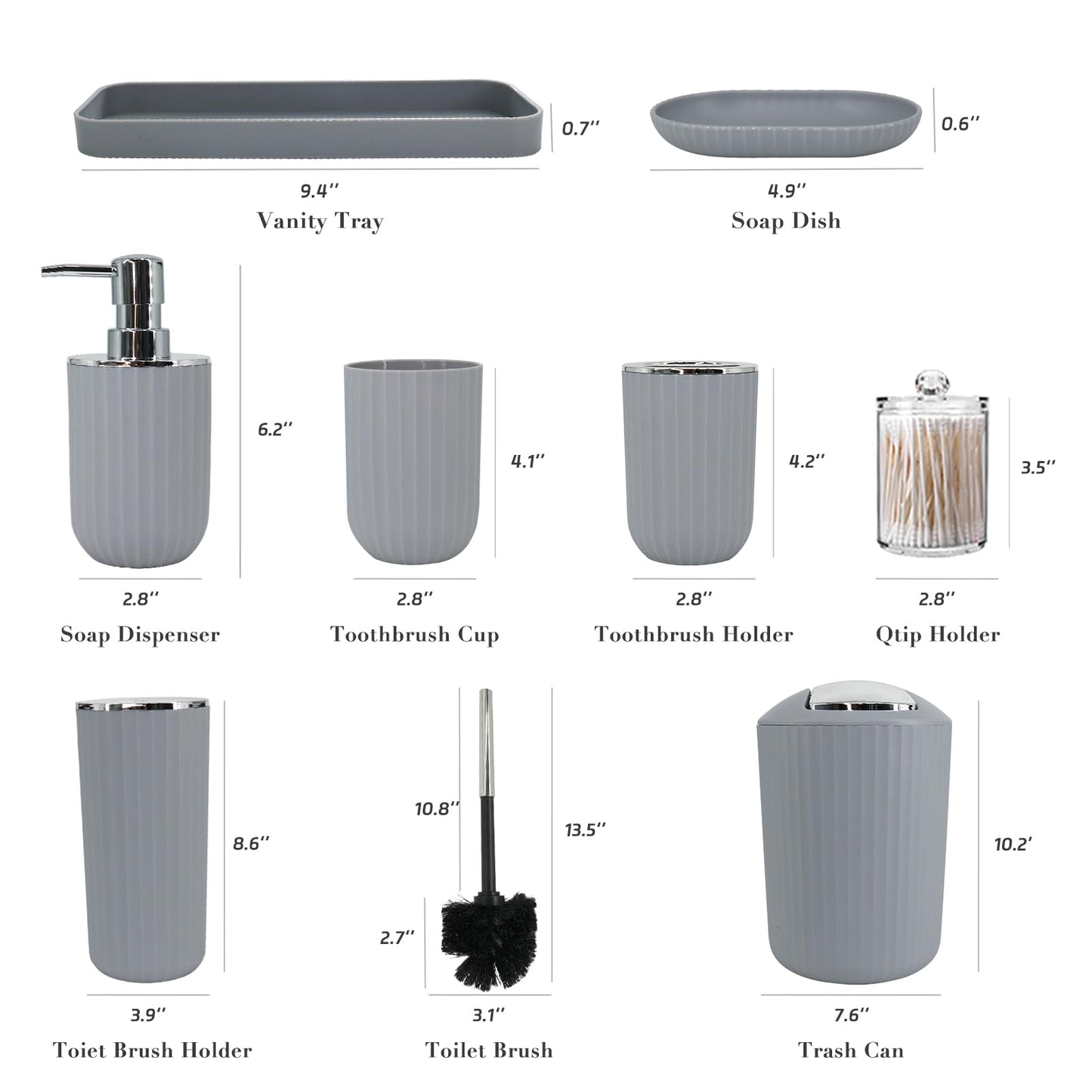 Grey Bathroom Accessories Set with Shower Curtain, Trash Can, Lotion Soap Dispenser, Soap Dish, Toothbrush Holder, Toothbrush Cup, Toilet Brush Holder and Tray for Bathroom Decor