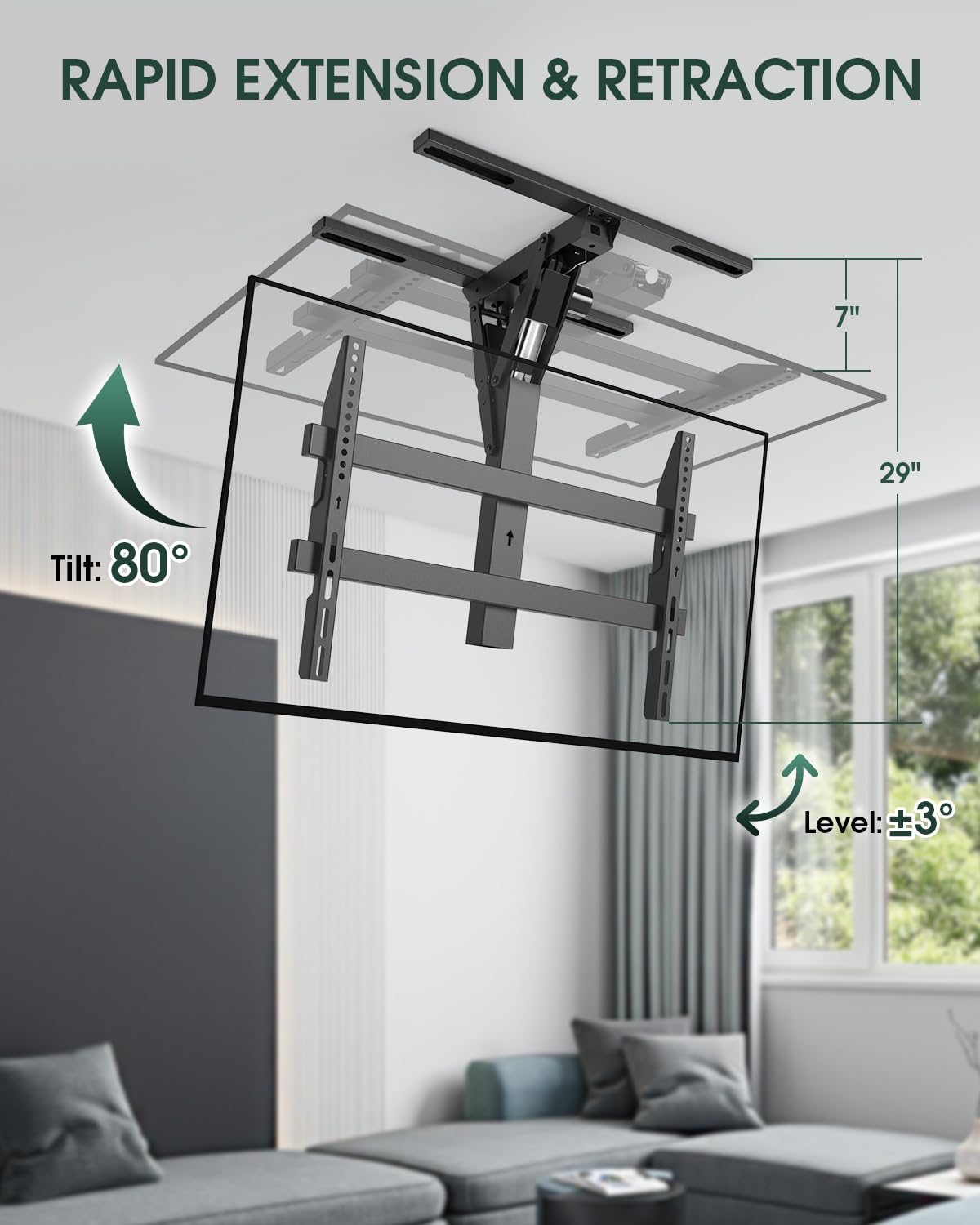 Zontera Electric Ceiling TV Mount with Remote, Motorized Tv Mount Flip Down for 32-70 inch Flat and Curved Screen TVs up to 110 lbs, Fits Flat & Pitched Ceilings, Max VESA 600x400, Black