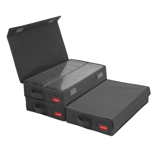 NUSWOR Stackable Cassette Tape Storage Box - Dust-proof Cassette Racks with Lid - Audio Cassette Holder Pack of 3- Holds 144 Cassette Cases - 16.34 x 9.25 x 3.4 Inches – Grey
