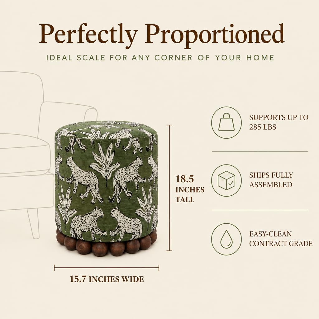 TOV Furniture Dex Small Round Ottoman, Leopard Jacquard, Olive Green