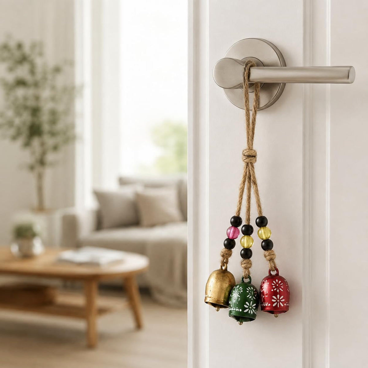 TA DIZAYN Handmade Decorative Bells, Gold Finish, Jute Rope, Rustic Style, Wall Hanging Decor, Door Knob, Wiccan Gifts for Home Wall Door (Beaded String Decorative Bells)