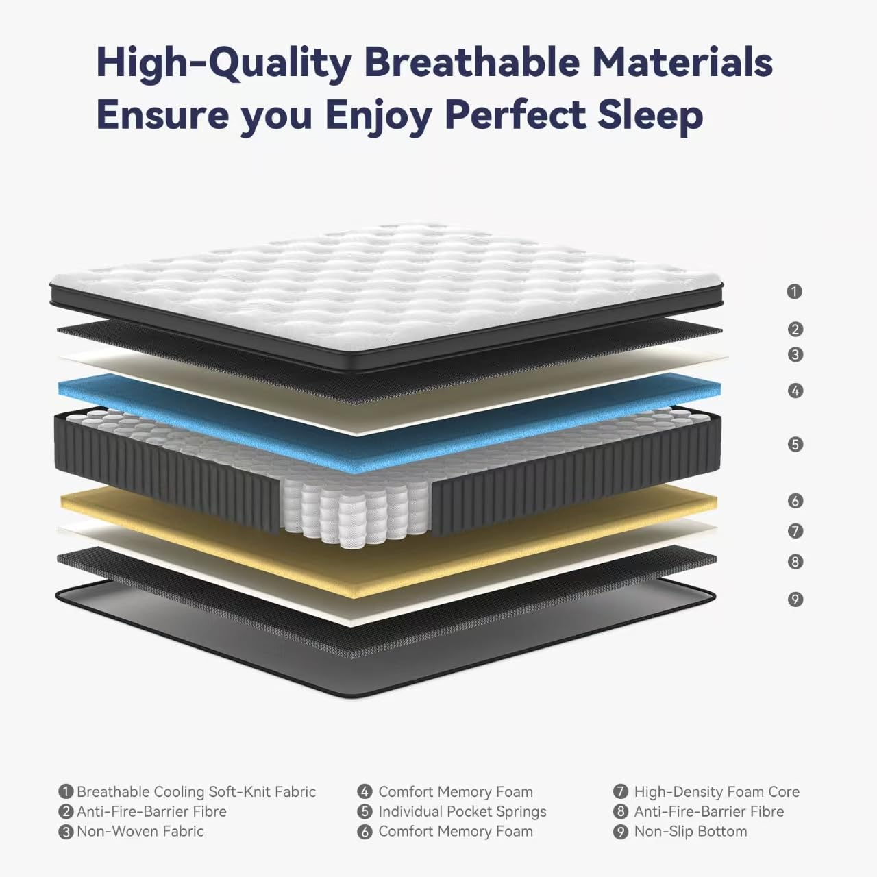 CRYREINA King Size Mattress, 14 Inch King Mattress Hybrid in Box, Individual Pocket Springs, Medium Firm, Breathable and Comfort