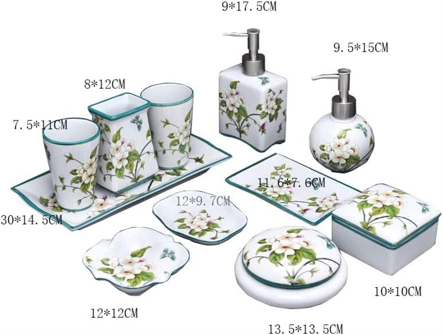 Bathroom Accessories Necessities Kit,Includes Ceramic Tray Toothbrush Holder Tooth Mug*2 Lotion Dispenser Soap Dish Storage Cartridge & Lid Powder Box (Size : A)