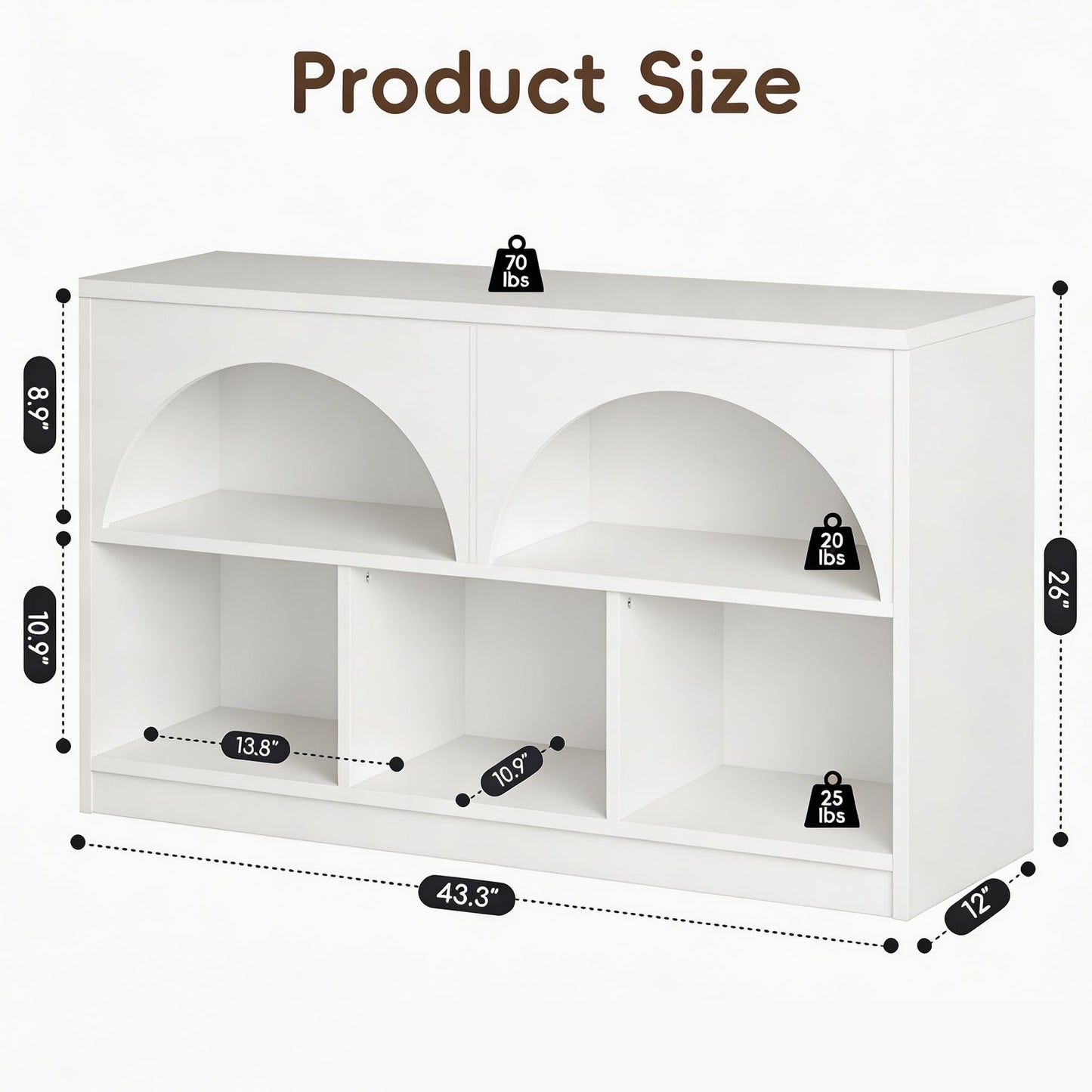 Fatmok 2-Shelf Bookcase Set of 2, Arched Design Wooden Toy Storage Organizer and Storage for Books Toys, 5-Section Montessori Bookshelf for Kids Rooms, Playroom, Nursery, Kindergarten (White)