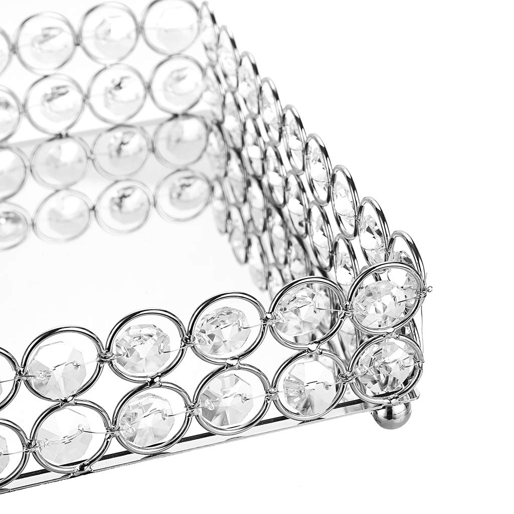 Hipiwe Crystal Cosmetic Vanity Tray, Mirrored Decorative Jewelry Organizer Tray for Perfume, Trinket, Makeup Display Dresser Home Decor (Large, Silver)