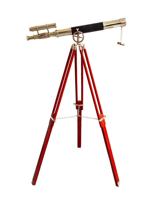 Antique Double Barrel Vintage Telescope Shiny Brass Finish Wooden Brown Nautical Tripod Telescopes Spyglasses Leather Sailor Boat Decor Collectibles - Navirock