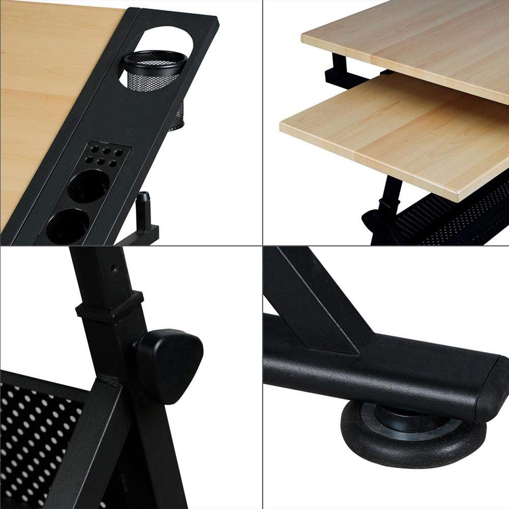 Yaheetech Adjustable Drafting Table Art Desk, Storage Drawers & Stool, Wood