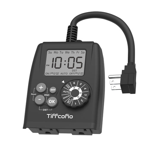 TiFFCOFiO Digital Outdoor Timer Outlet, Dial Programmable Method, Outdoor Light Timer Waterproof, 2 Grounded Electrical Outlets for Pool Pump, 6 Sets of Programs, 15A/1875W (1 Pack)