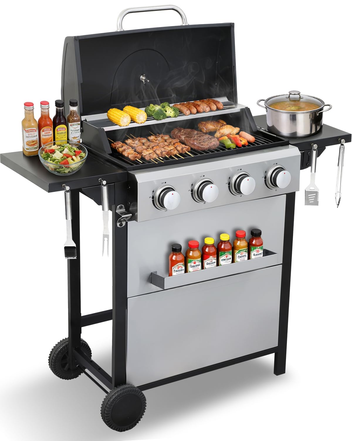 IdeaMaxx 4 Burner Gas Grill with Foldable Shelves, 40,000 BTU Stainless Steel Propane BBQ Grill, 387 Sq. In. Cooking Space, Portable Outdoor Grill for Patio, Backyard, Camping & Tailgating