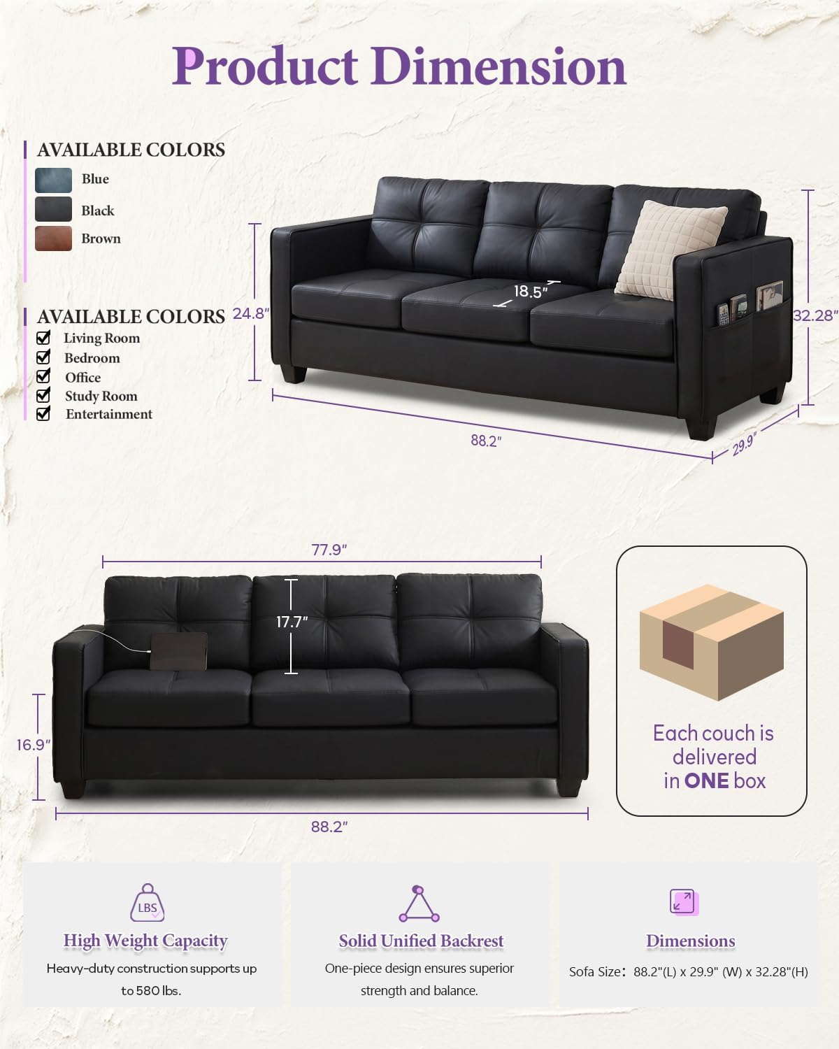 Black Faux Leather Sectional Couch, 3-Piece Sofa Set for Living Room