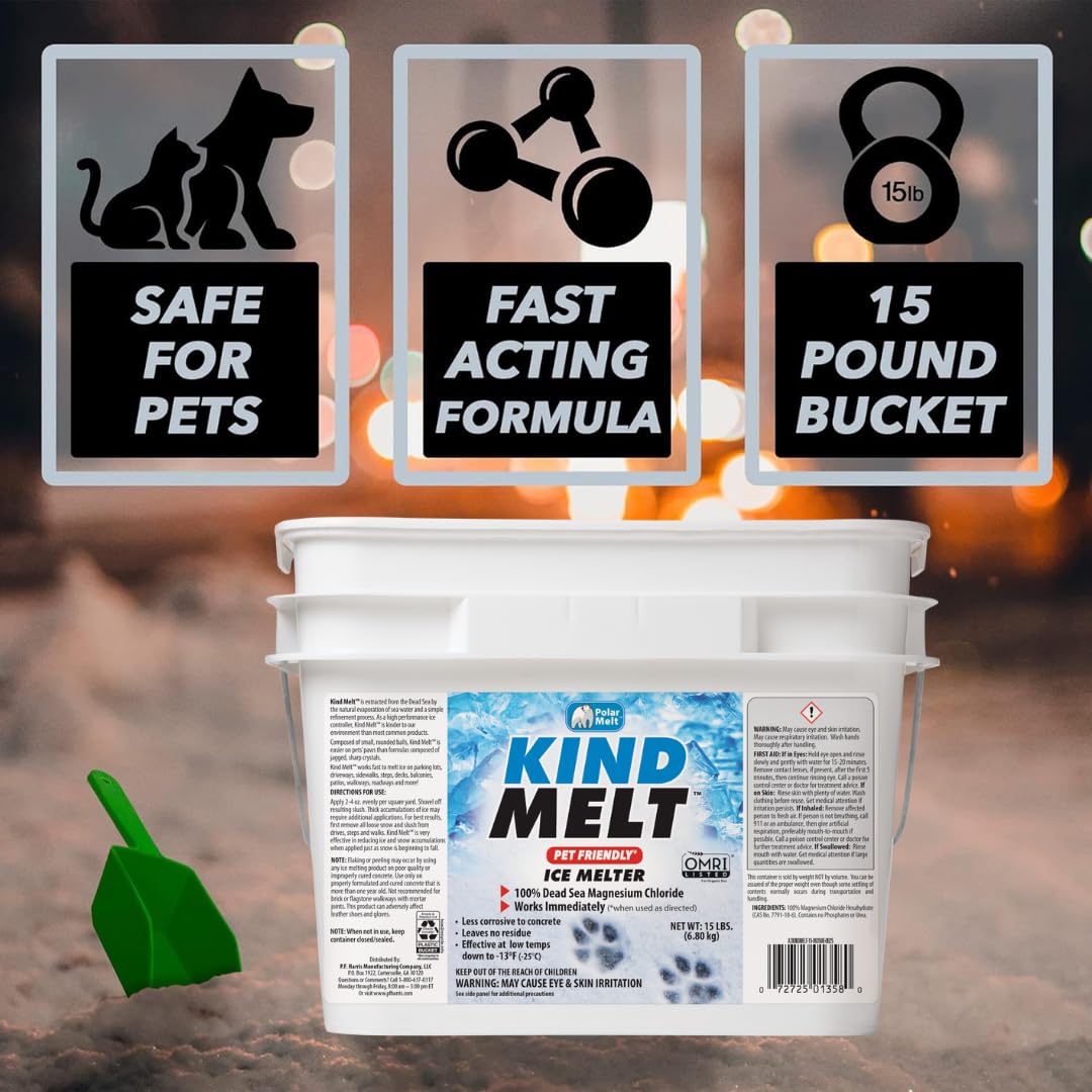 HARRIS Kind Melt Pet Friendly Ice and Snow Melter, Fast Acting 100% Pure Magnesium Chloride Formula with Scoop Included, 15lb, White