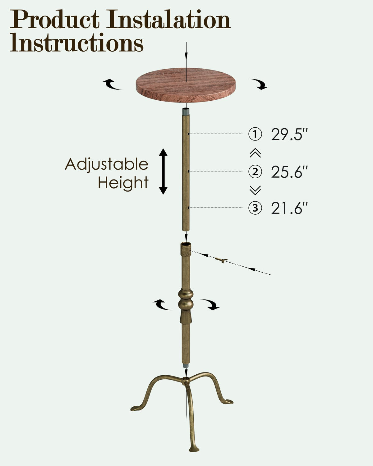 Adjustable Height Round Pedestal Table - 10x10x22-30 Inch, Red Travertine