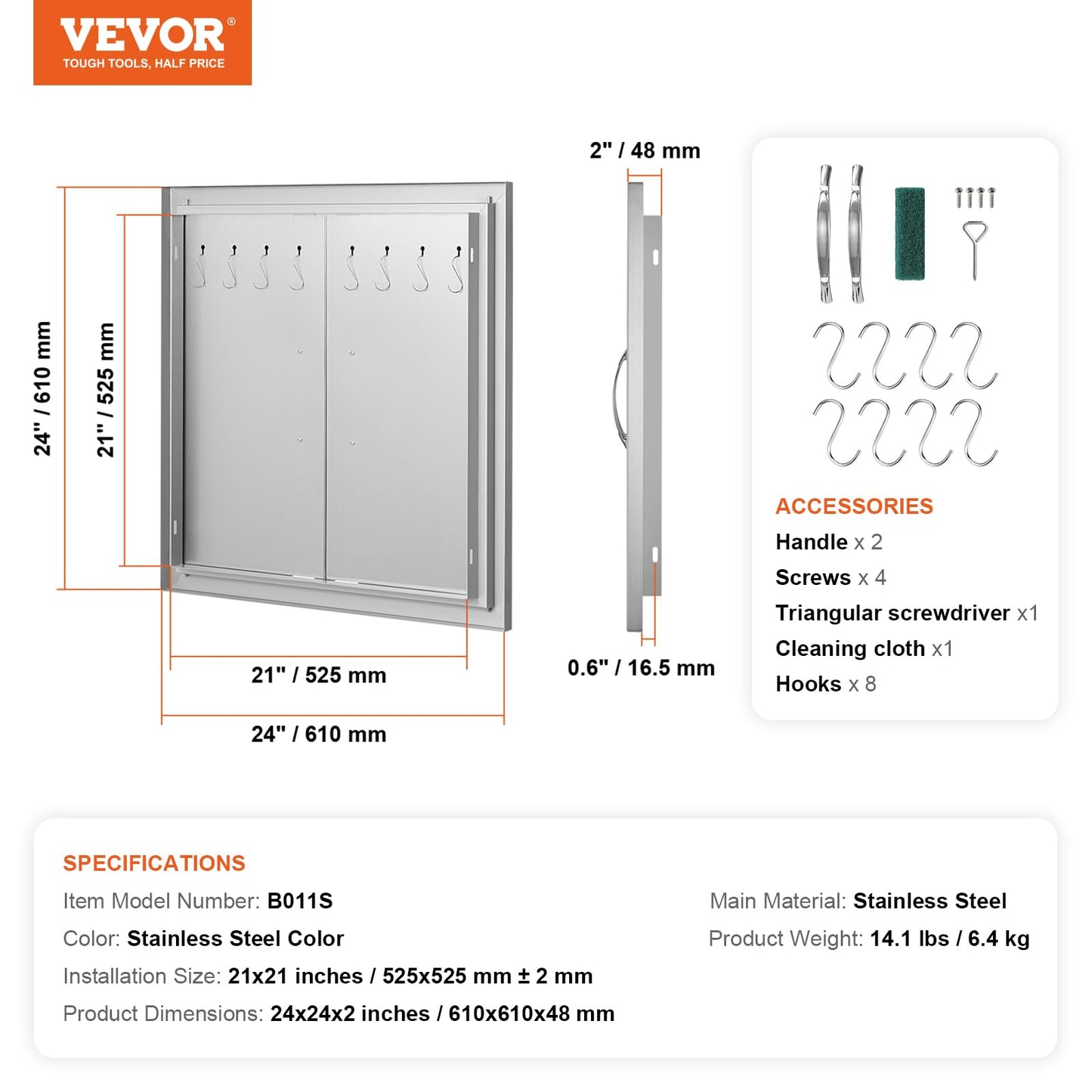 VEVOR BBQ Access Door, 24W x 24H Inch Double Outdoor Kitchen, Stainless Steel Flush Mount Door, Double Wall Vertical with Handles and Hooks, for BBQ Island, Grilling Station, Outside Cabinet