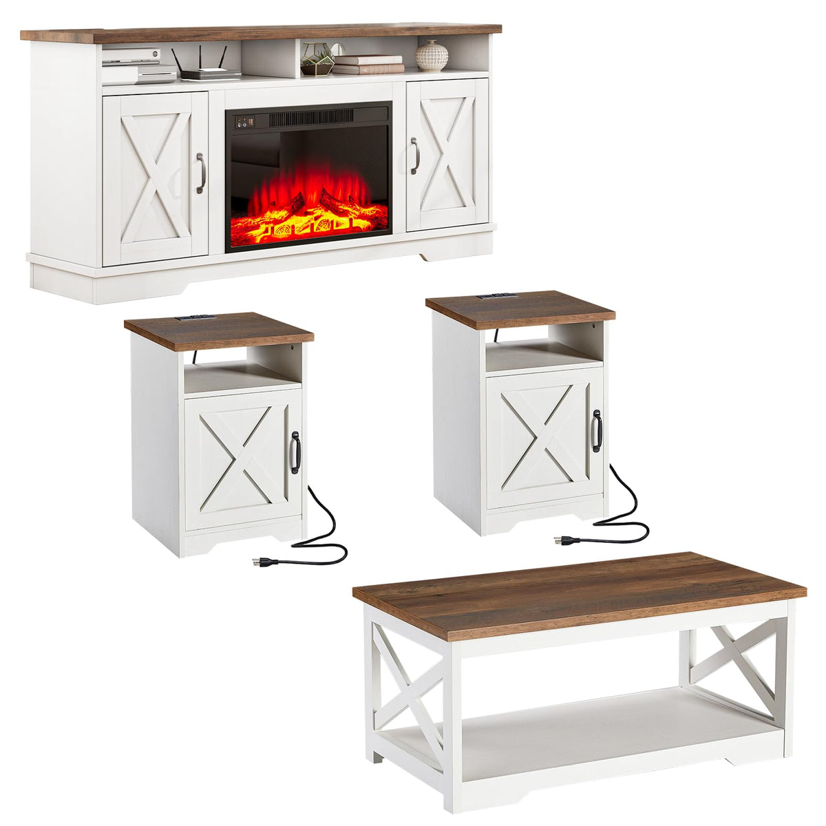 AMERLIFE Farmhouse Living Room Table Set with 63 Inch Fireplace TV Stand