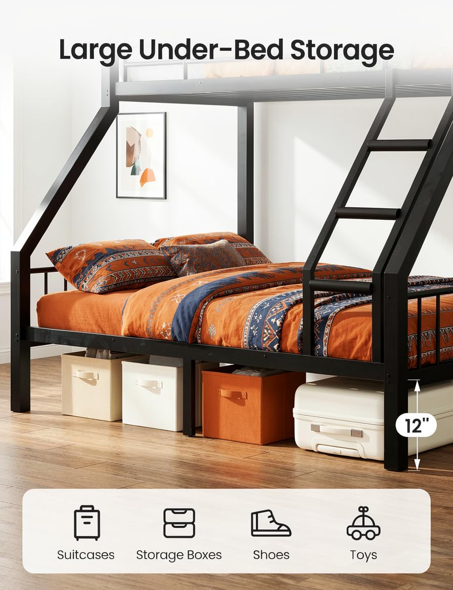 Twin XL Over Queen Bunk Bed, Heavy Duty 600lbs Bed Frame, Safety Guardrails