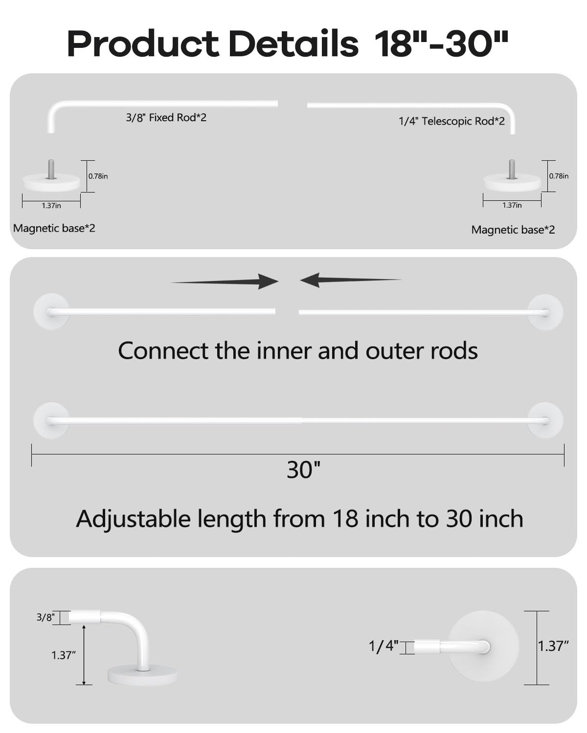 Rodzwin 2 Pack Magnetic Curtain Rods for Metal Door, Adjustable 18 to 30 Inch Curtain Rod, 3/8" Diameter Magnet Rods No Drilling for French Doors Window Cafe(White, 2Pack)