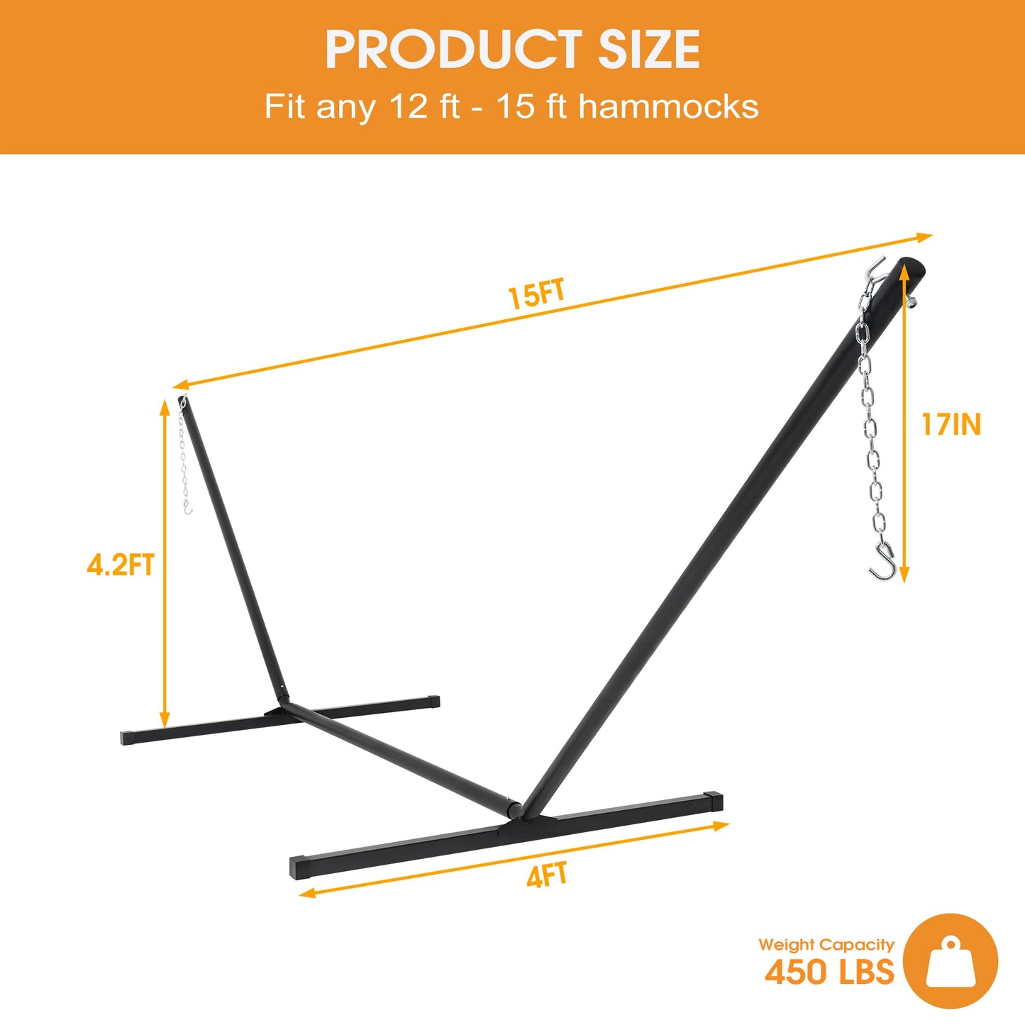 Lazy Daze Hammocks Portable 2 Person Heavy Duty Steel 15 FT Hammock Stand with Hooks and Chains for Outside, Patio, Backyard, 450 Pounds Capacity, Black