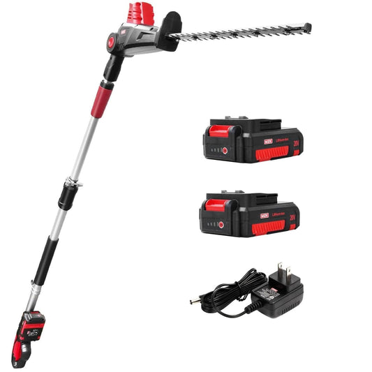 MZK 20V MAX 23-inch Cordless Pole Hedge Trimmer Attachment, 8-Feet Reach, Electric Hedge Trimmer with Extension Pole, Multi-Angle, for Garden Lawn Trimming(Two Batteries and Charger Included)
