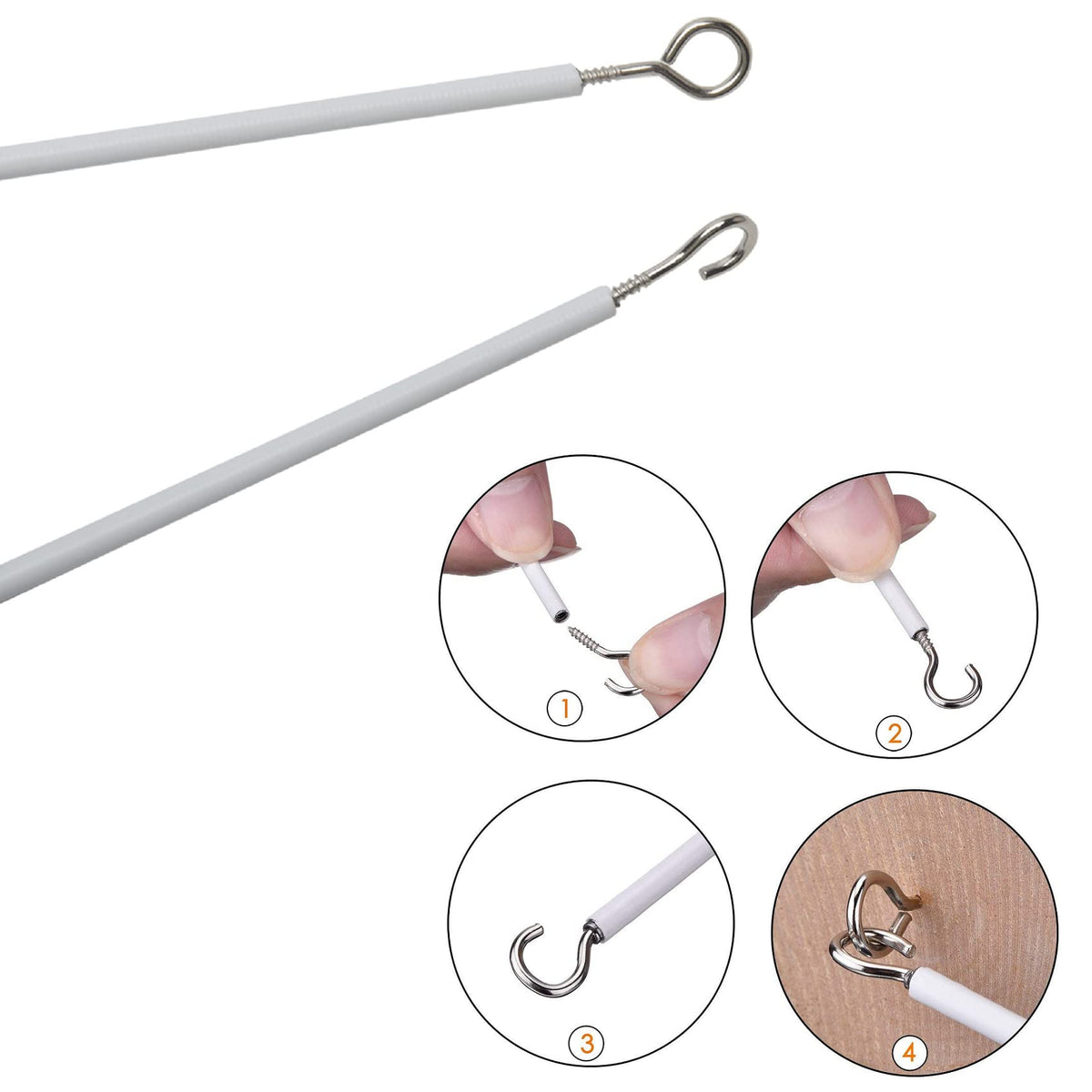 White Net Curtain Wire Kit, No Stretch Hanging Cord, 4 Hooks & 4 Fish Eyes