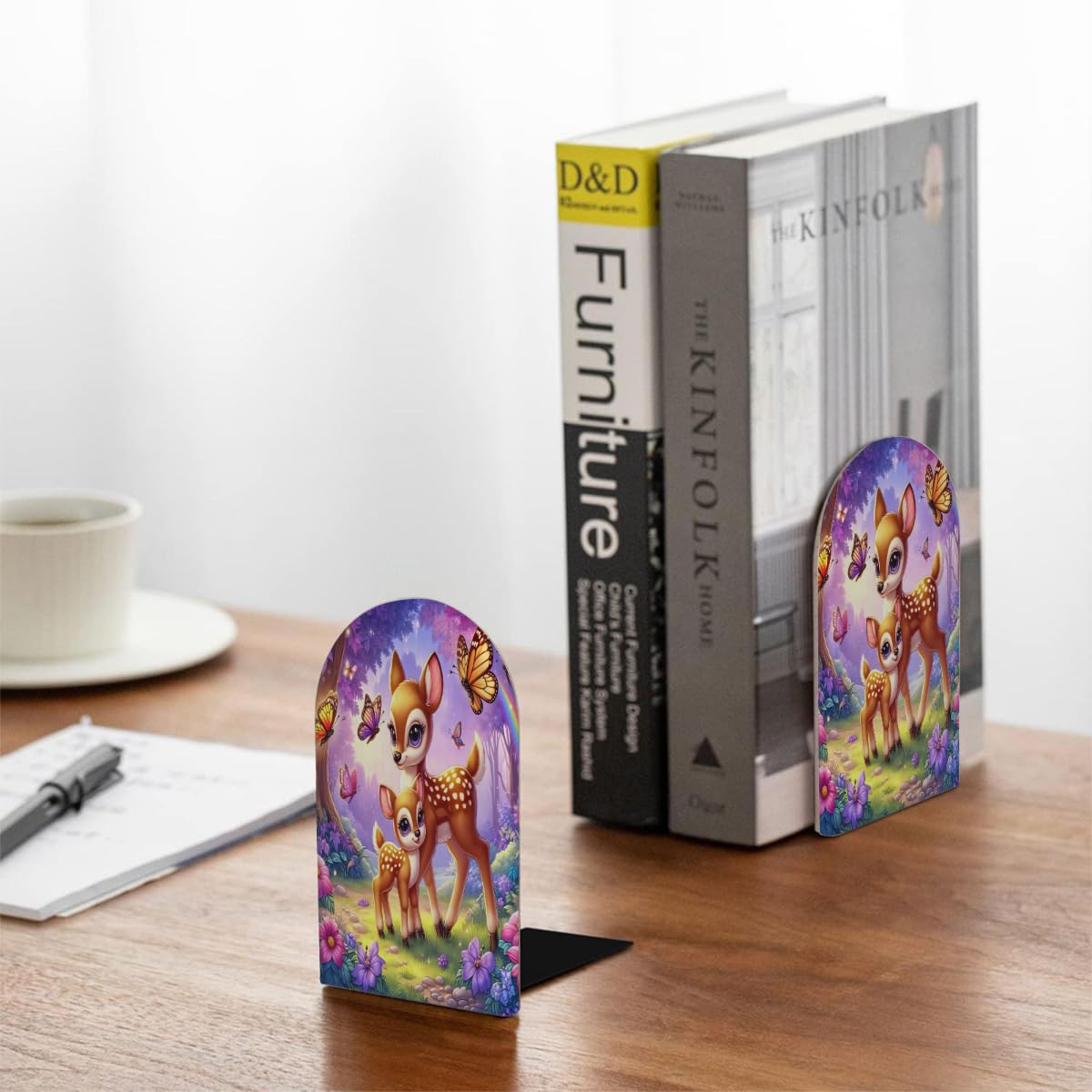 (2 PCS/1 Pairs) Wood Bookends, Cartoon Deer Butterfly Forest Decorative Wood Bookends for Shelves Kids Room Desk Home Office Book Stoppers for Holiding Books 5x3 Inch