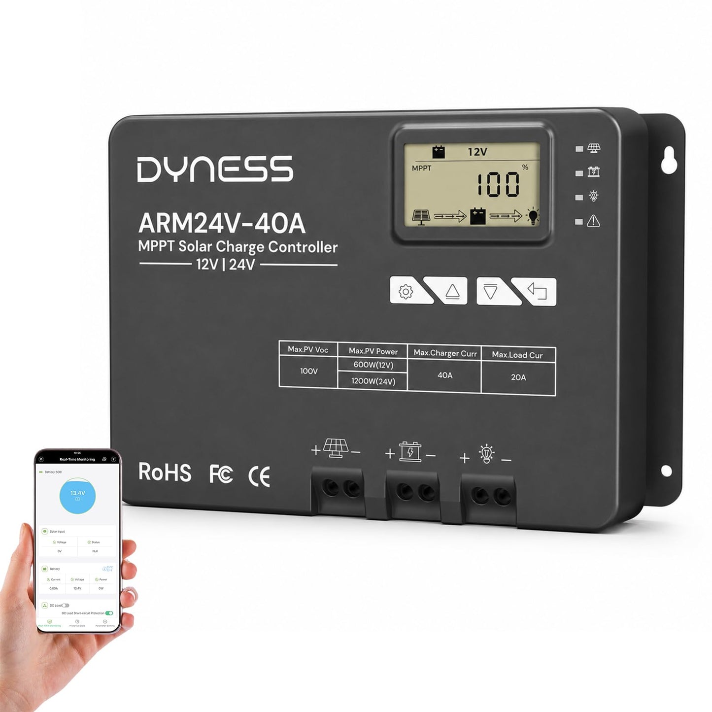 Dyness 40A 12V/24V Auto MPPT Solar Charge Controller , APP Control & LCD Display, 40 Amp Solar Regulator for LiFePO4/AGM/Gel/FLD/SLD Batteries - RV, Marine, Off-Grid Systems