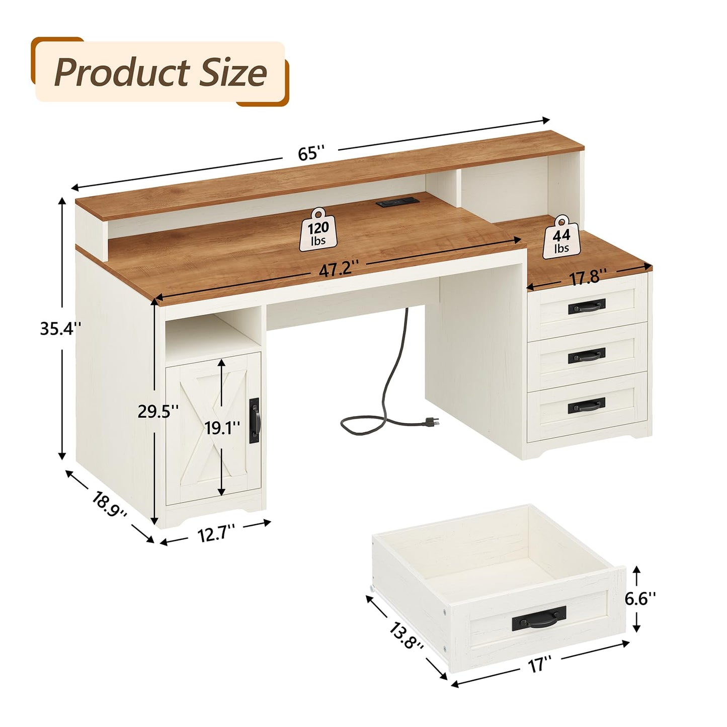 TVU Farmhouse Computer Desk with Drawers, 65'' Home Office Desk with Power Outlets, Storage Cabinet and Printer Stand, Study Writing Desks with Long Monitor Stand, Brown and White