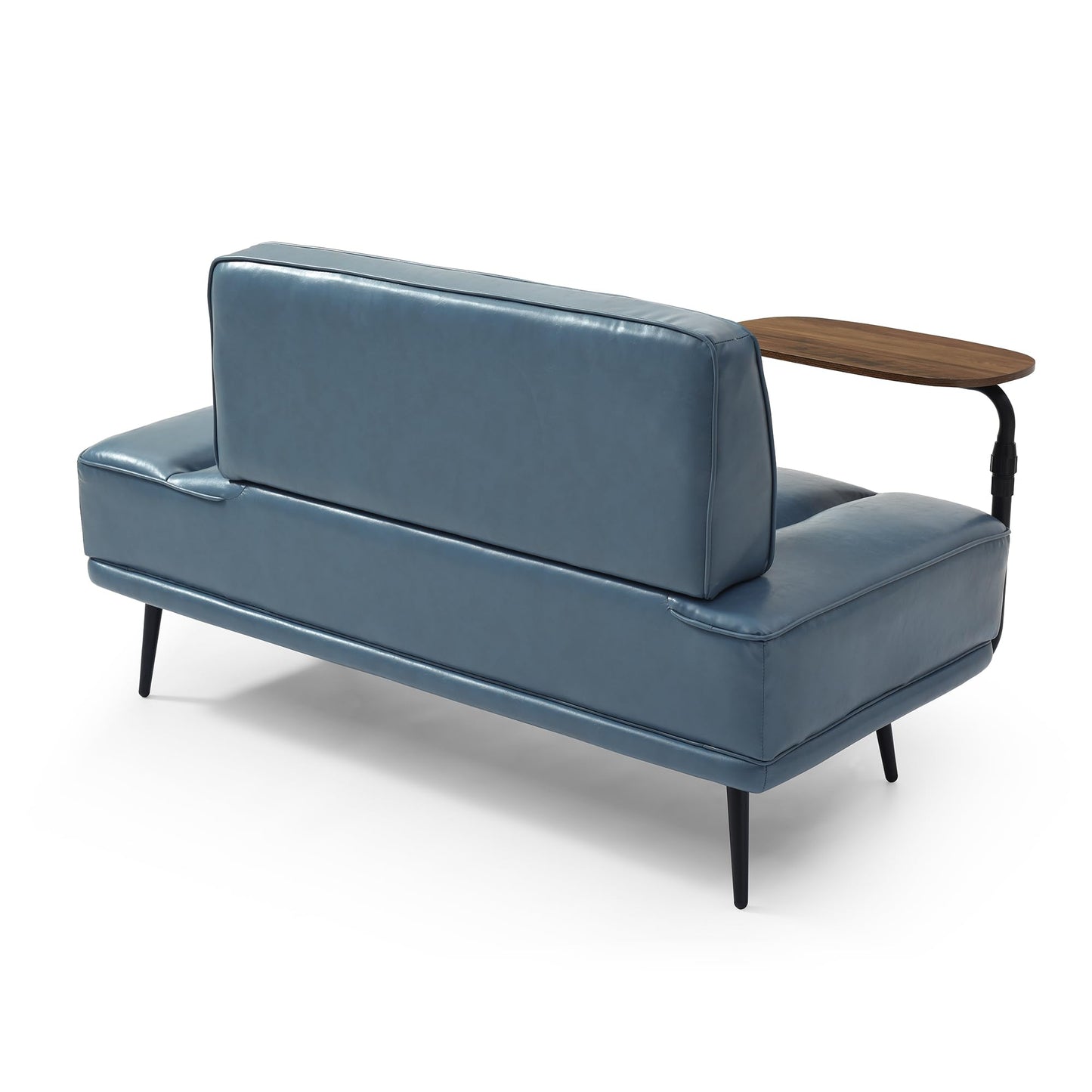 Modern Upholstered End of Bed Bench with 360-Degree Swivel Tray, 2 Seater Sofa Couch with Side Table, Settee Bench with Metal Legs Backrest for Living Room,Entryway,Foyer (PU-With Tray, Grayish Blue)