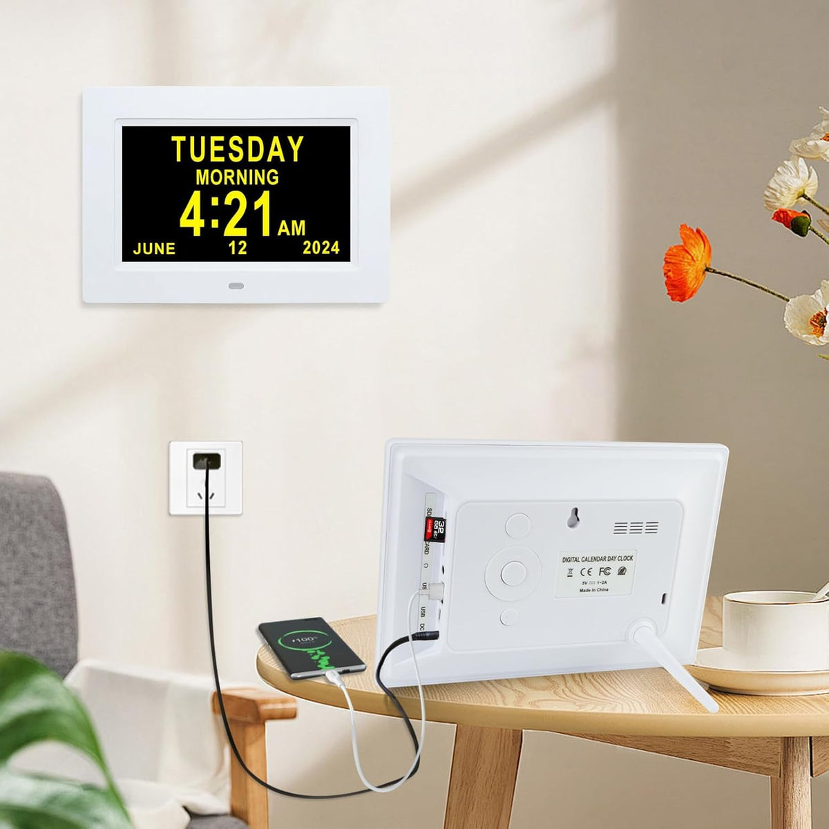 TMC Dementia Clocks for Seniors, Senior Clocks, Medicine Reminders with Alarms，Digital Clock for Bedroom, Entryway, Living Room, Study (7 inch White)