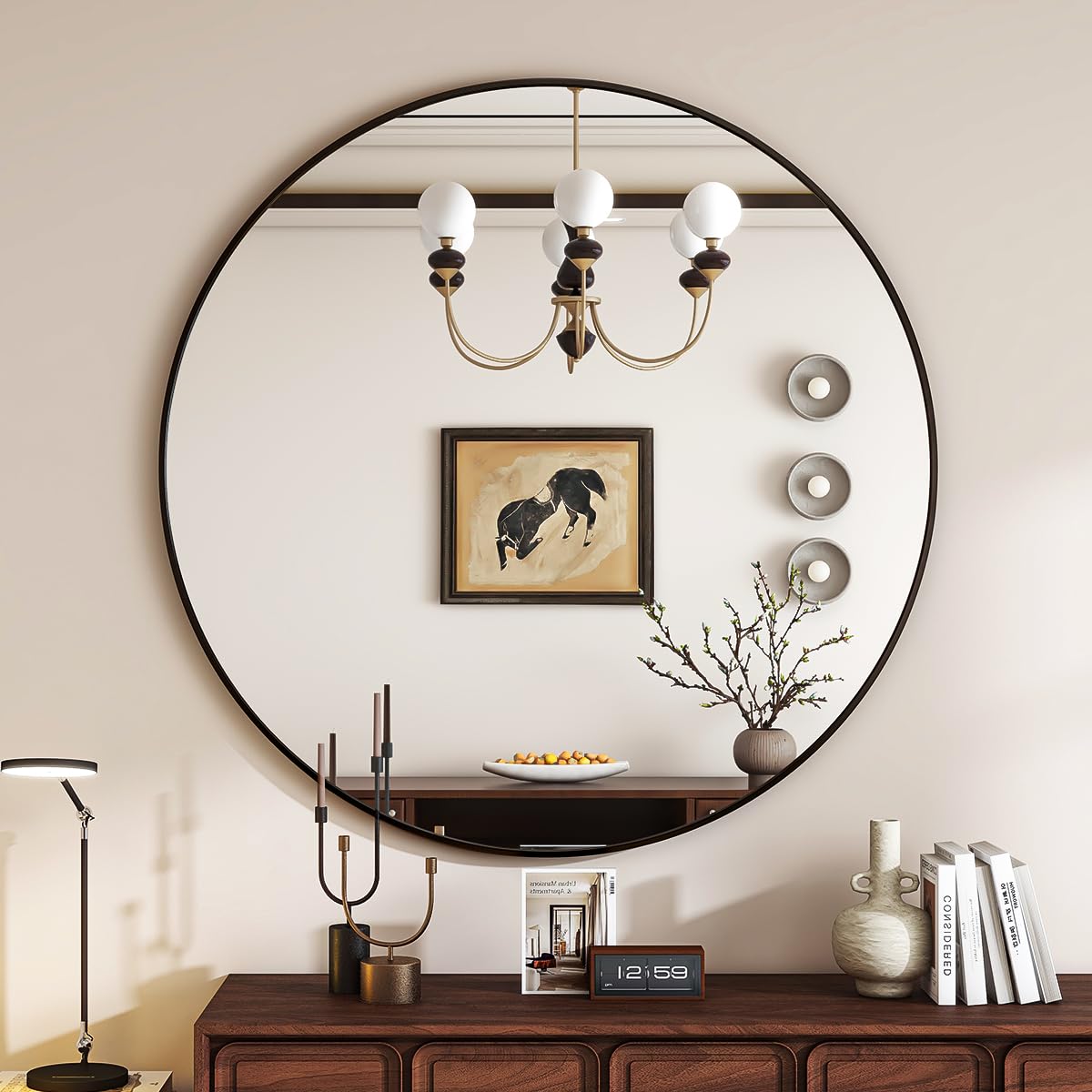 VETROVUE Black Round Mirror, 24 Inch Circle Bathroom Mirror with Metal Frame, Wall-Mounted for Entryway, Bathroom, Vanity, Living Room