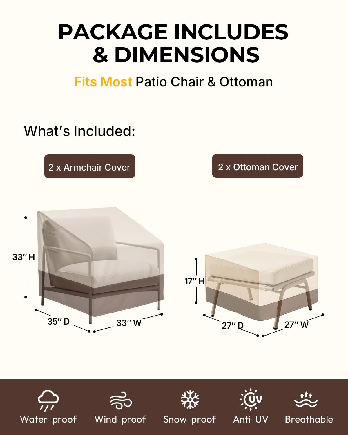 loriano 4-Pack Outdoor Furniture Covers, 2 x Patio Chair Covers + 2 x Ottoman Covers, Waterproof Heavy Duty 600D Oxford Fabric, All Weather UV/Wind Resistant, Beige & Brown