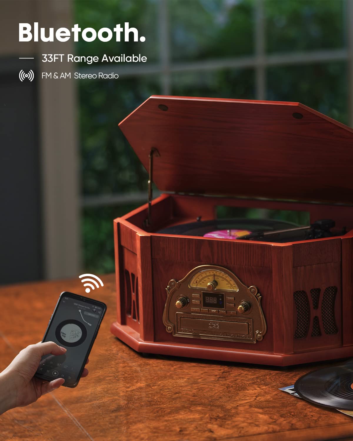 ORCC 10-in-1 Record Player, Nostalgic Turntable for Vinyl Record with Bluetooth, 2 Built-in Speakers, CD, Cassette, AM/FM Radio, USB, SD Slot, Remote Control