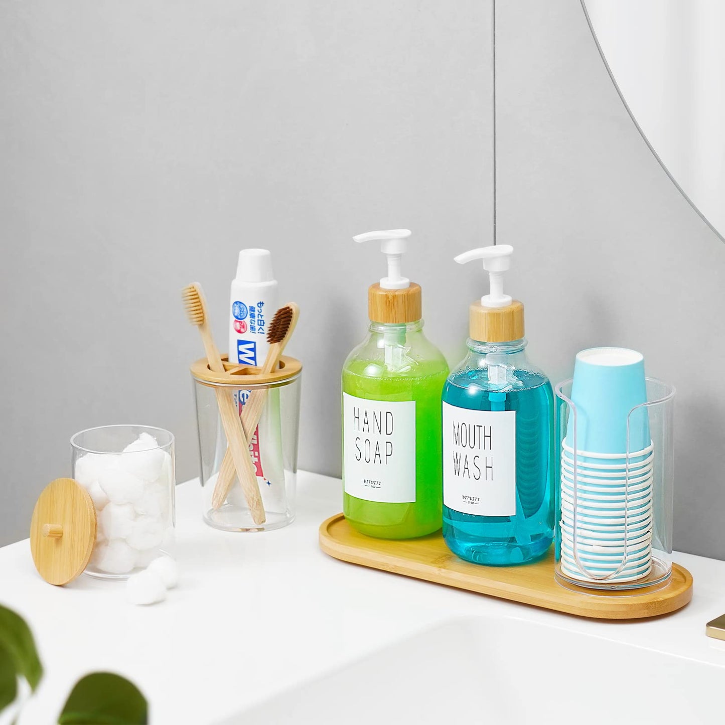 VITVITI Bamboo Bathroom Accessory Set, Soap/Mouthwash Dispenser, Clear