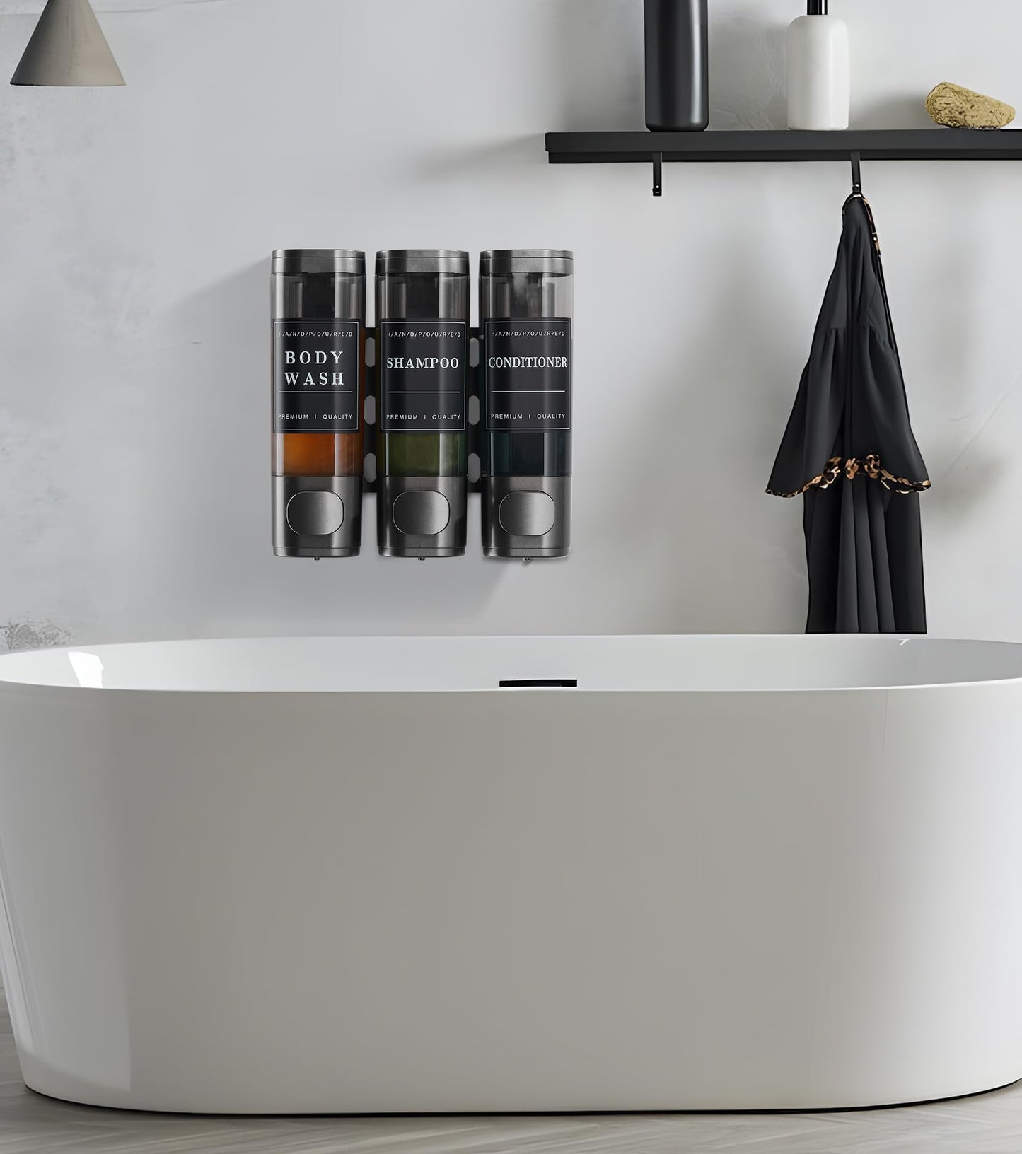 Cabo Deseado Shower Soap Dispenser Wall Mounted No Drill Shampoo Dispenser for Shower Wall Shampoo and Conditioner Dispenser Bathroom Hotel 3 * 300ml Gungray with Labels