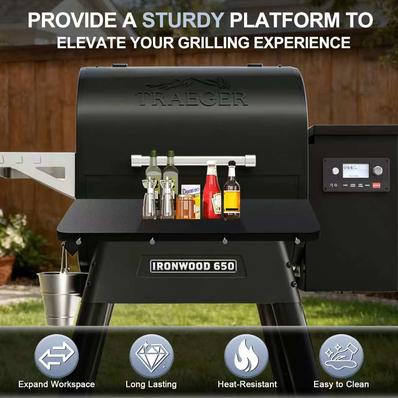KEESHA BAC362 Folding Front Shelf for Traeger Pro 22, Pro 575, Ironwood 650, Century 22, Mesa 22, Eastwood 22 Pellet Grills, Heavy-Duty Grill Accessories Replacement for Food Prep and Storage, 25 x 12