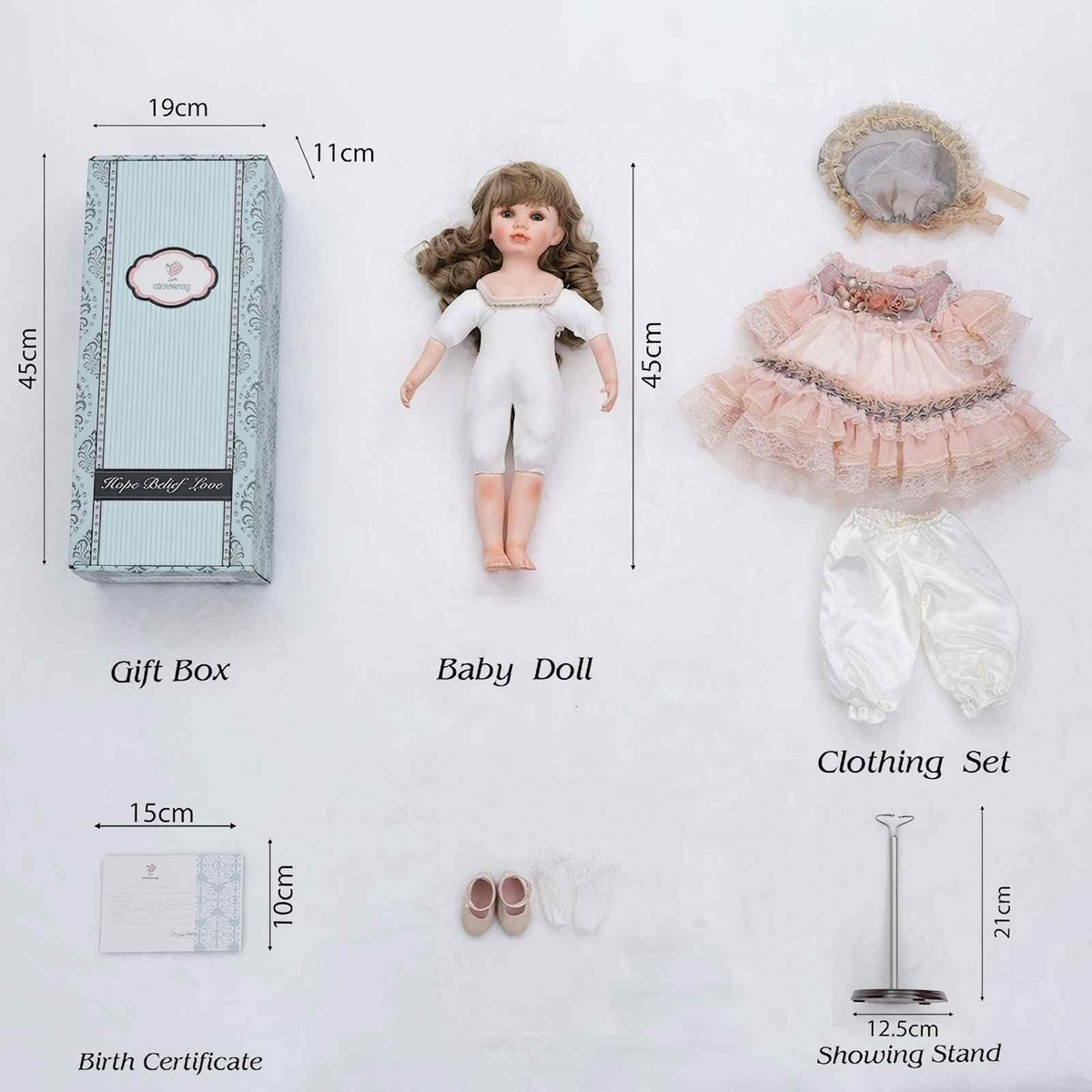 Cloveray 18 Inch Kawaii Porcelain ＆ Fabric Doll Cute European Retro Handmade Ceramic Doll with Showing Stand for Room Decor, Birthday Gifts, Collectible ，Name Olivier (Pink)