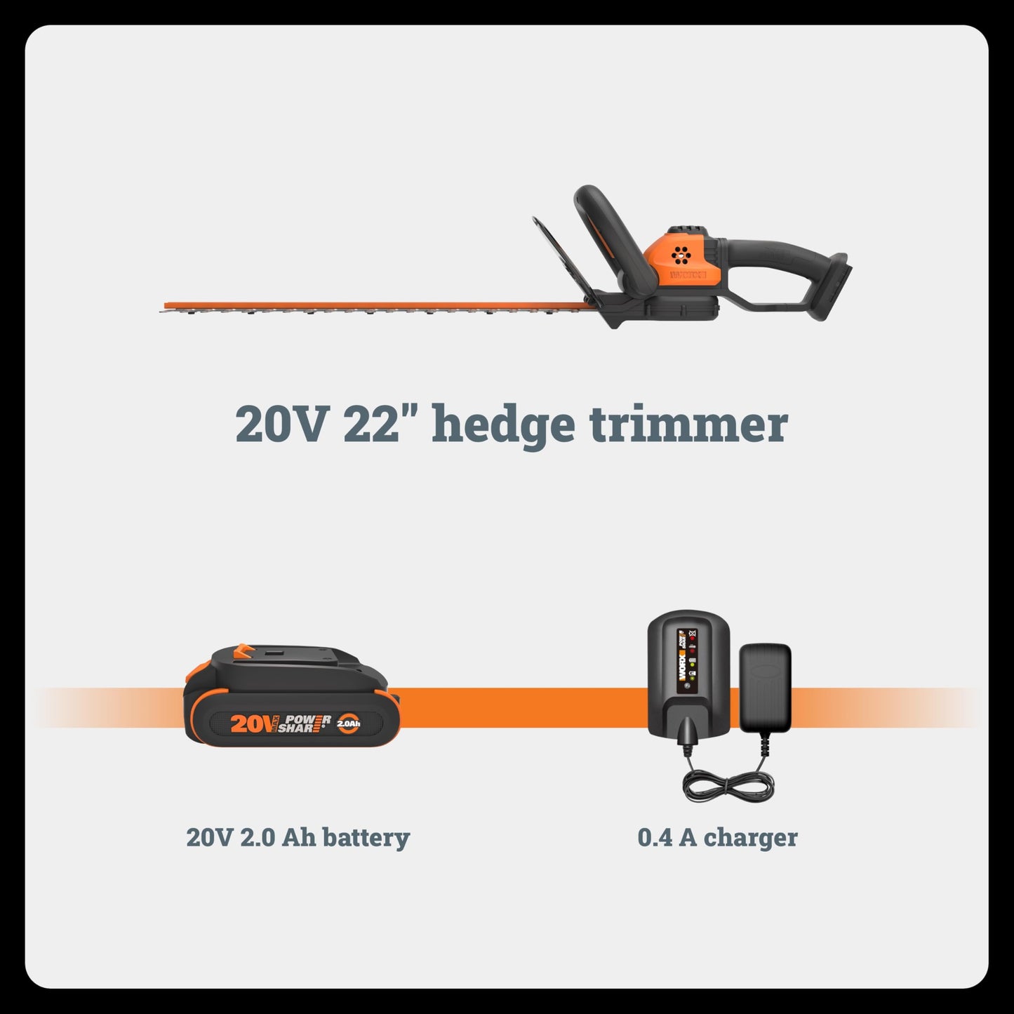 WORX 22" Cordless Hedge Trimmer, Electric Hedge Trimmer with Dual-Action Blades, Lightweight Bush Trimmer with 5.5 LBS, Battery & Charger Included, WG261