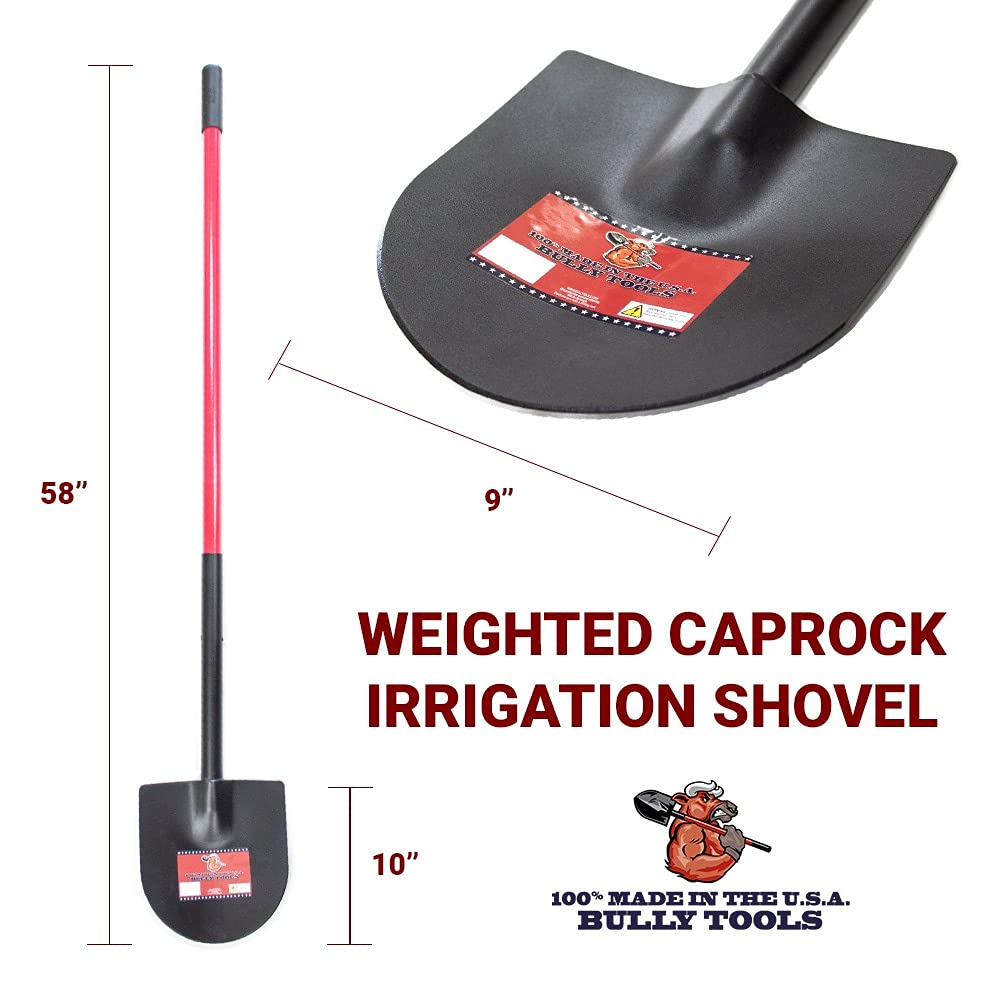 Bully Tools 12-Gauge Weighted Caprock Irrigation Shovel for Digging, Trenching and Planting, Heavy Duty Pony Shovel Hard Soil, 58" Fiberglass Long Handle Steel Body Gardening Tools, 100% Made in USA