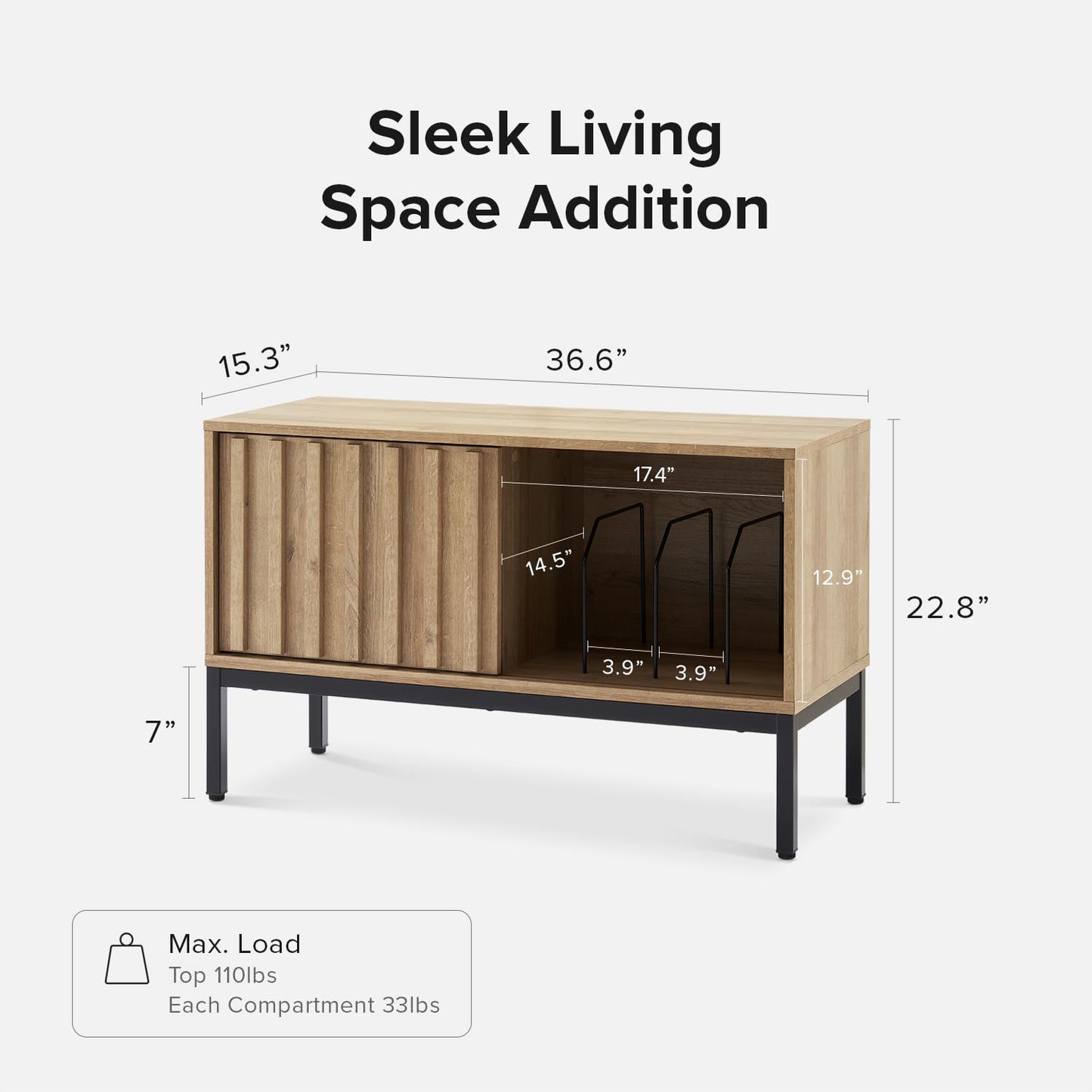 mopio Norwin Record Player Stand, 120 Albums Vinyl Record Storage, Turntable Stand, Media Stereo Storage Cabinet, Small TV Table, Removable Dividers, Fluted Sliding Door, Metal Legs, Living Room
