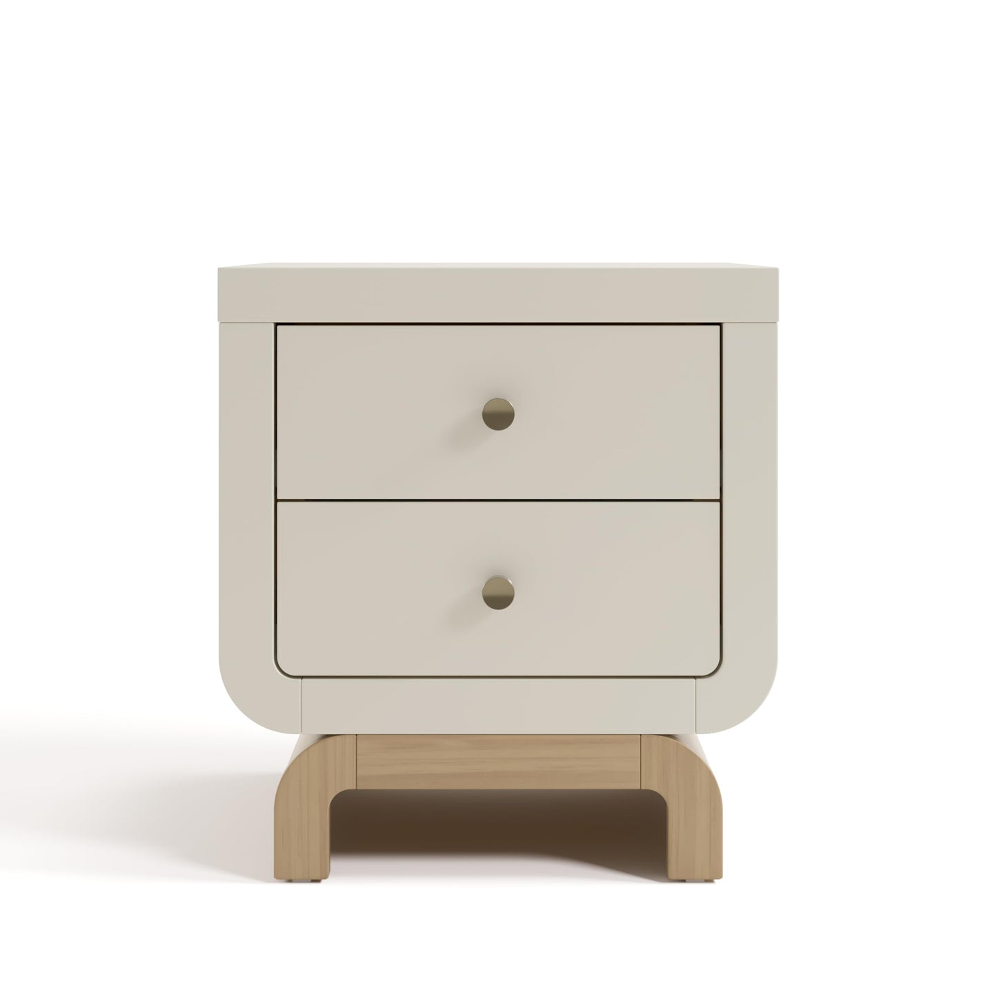 Storkcraft Santorini 2 Drawer Nightstand (Frosted Oat & Driftwood) - GREENGUARD Gold Certified Nightstand for Kids Bedroom, Premium Wood with Curved Base, “Champagne” Metal Knobs