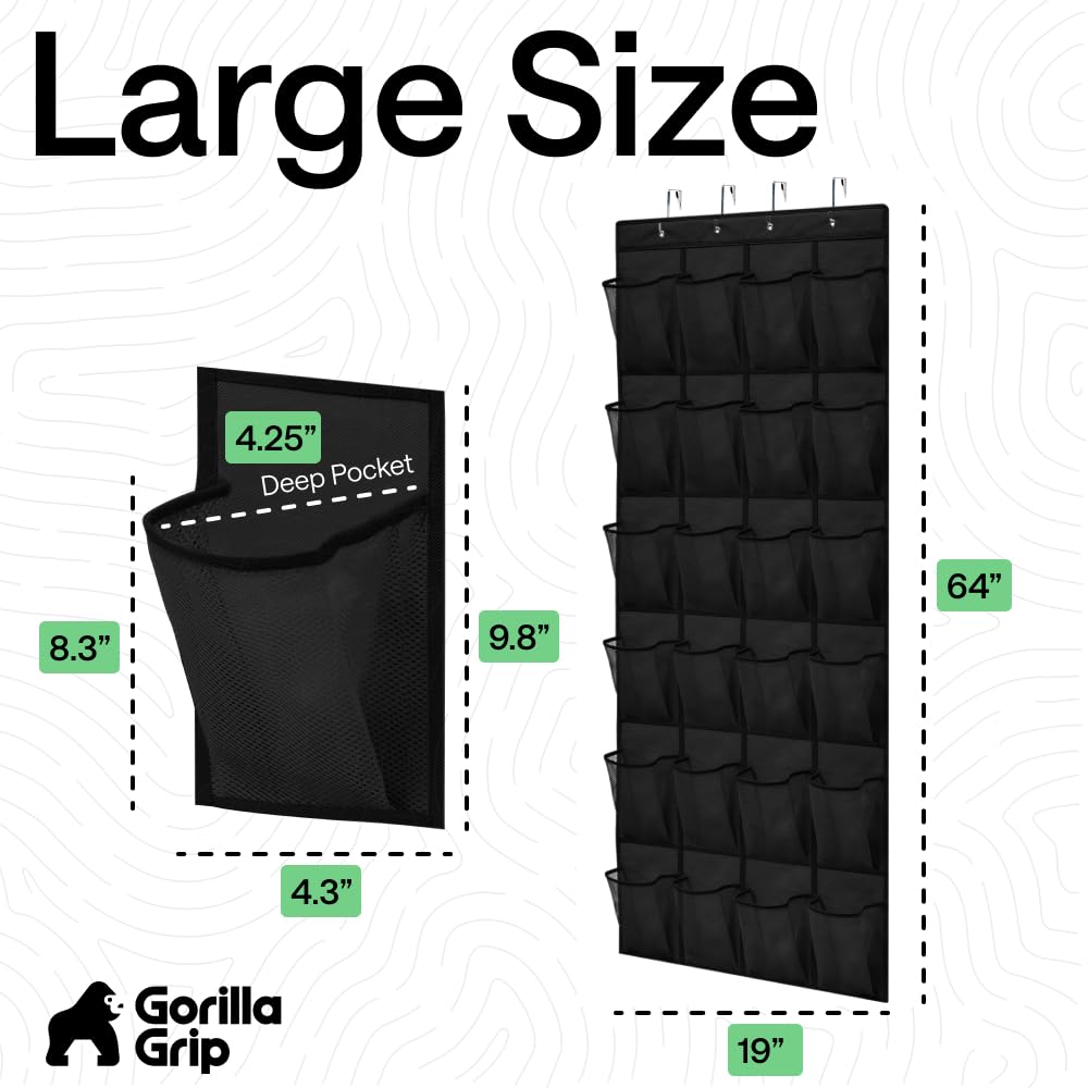 GORILLA GRIP Over the Door Shoe Organizer, 24 Large Pockets, Black